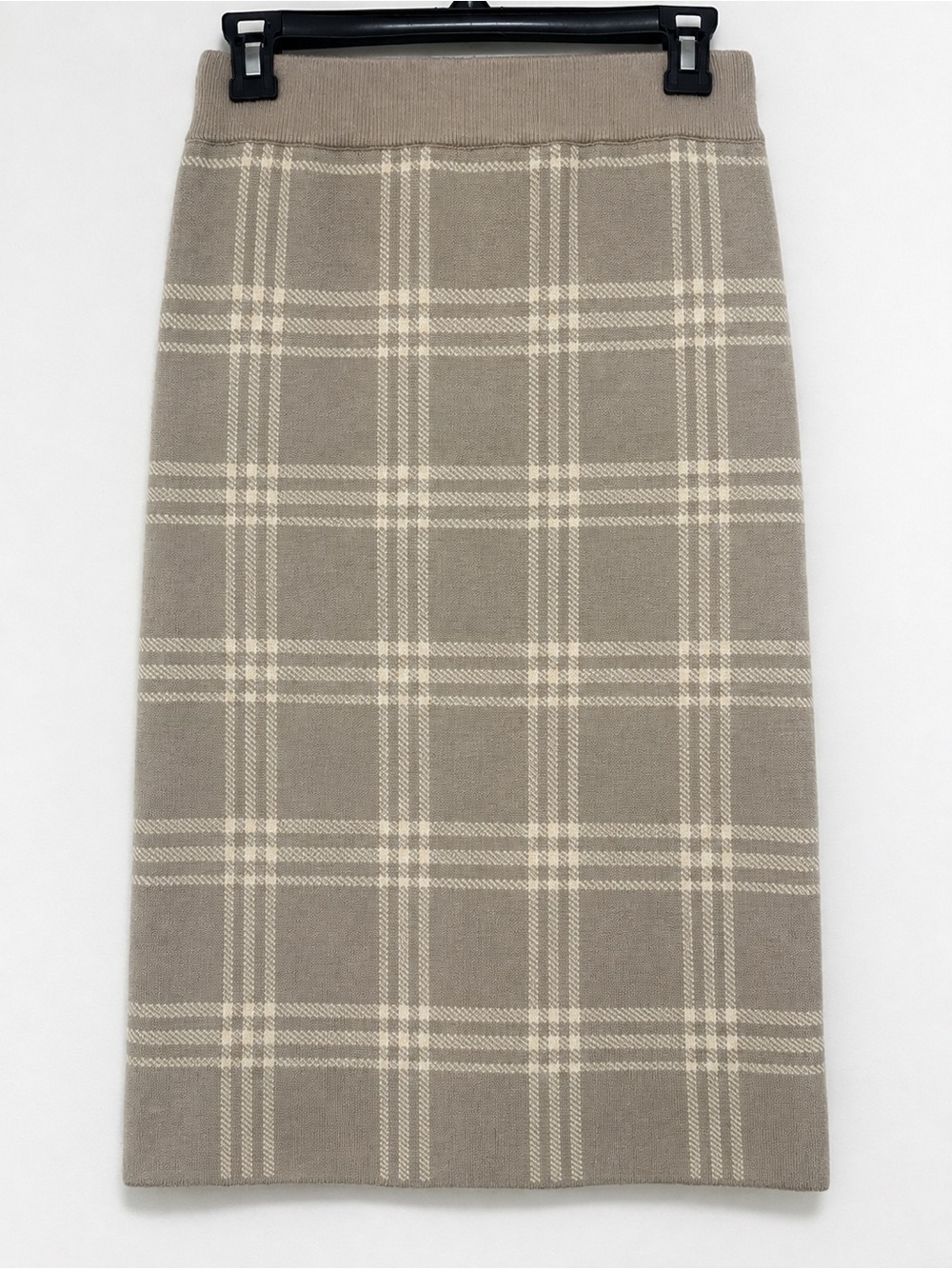 Tea N Rose Plaid Sweater Midi Skirt | Size Medium | Taupe Knit Pull-On Skirt